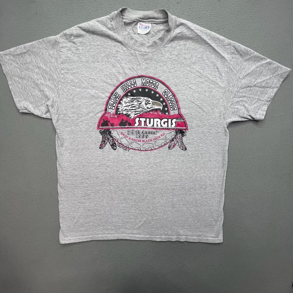 Hanes Men T-Shirt Cotton Blend XL 1999 Sturgis Biker Graphic Tee Gray